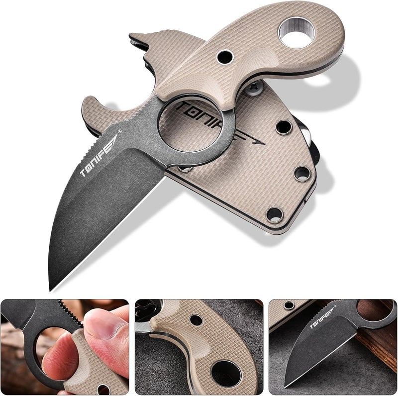 TONIFE Small Fixed Blade Knife Full Tang EDC Camping with Sheath Lanyard and Clip, Blade Length 2.17",2.5 oz.with Sheath (Warm Sand - Black Oxide then Stonewash) - Image 2